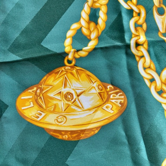 CÉLINE PARIS Hand-Rolled Silk Scarf in Emerald Green and Gold - Picture 4 of 13